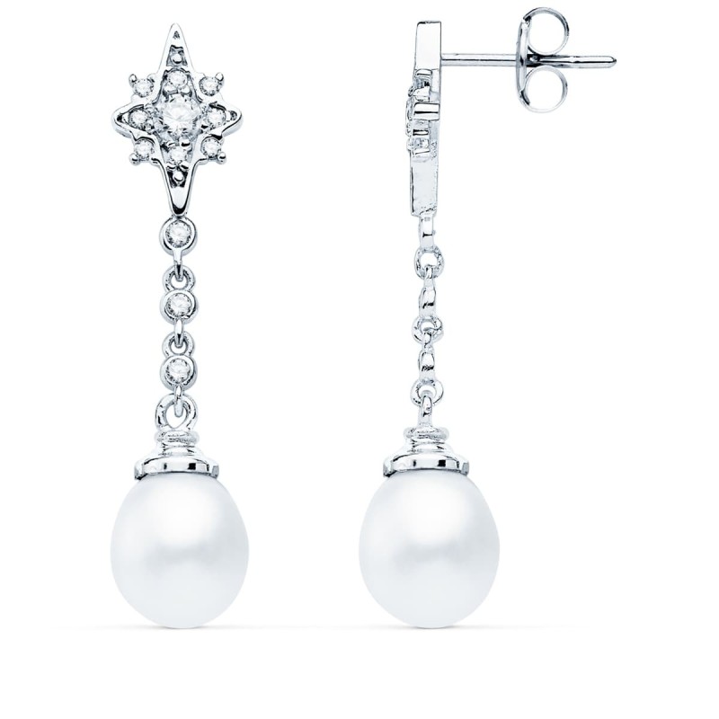 Pendientes Largos Oro Blanco Perla Y Circonita 37X7 Mm Cierre Presion oro 18k