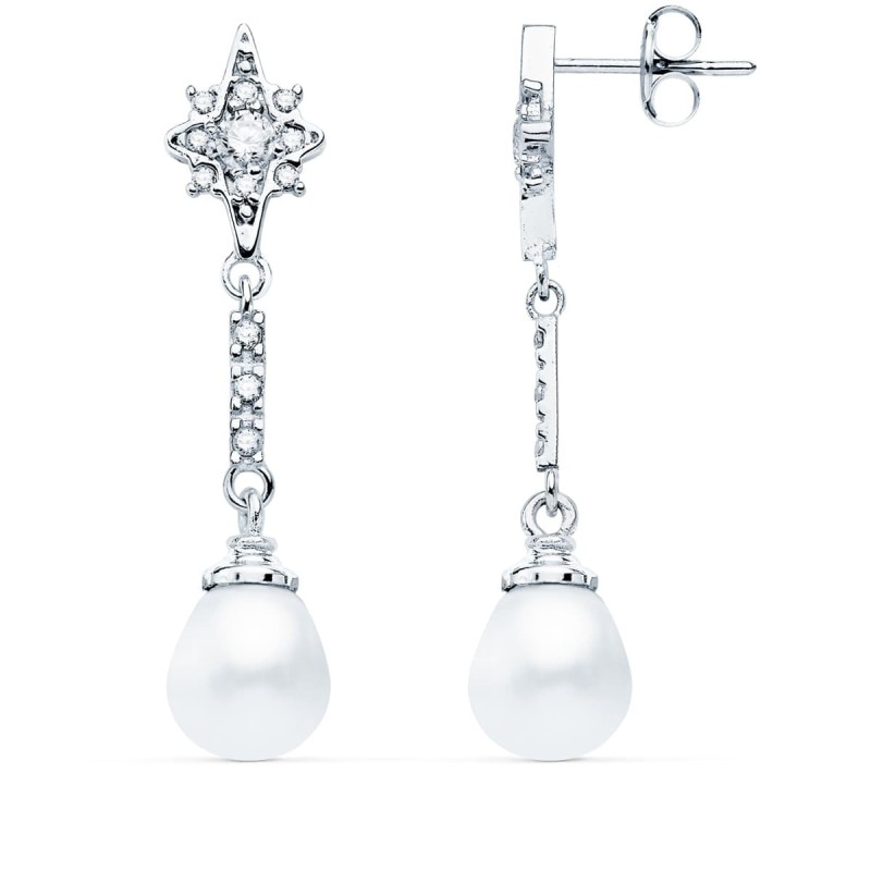 Pendientes Largos Oro Blanco Perla Y Circonita 36X8 Mm Cierre Presion oro 18k