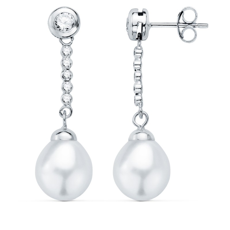 Pendientes Oro Blanco Perla Y Chaton Con Circonita 30X8Mm Presion oro 18k