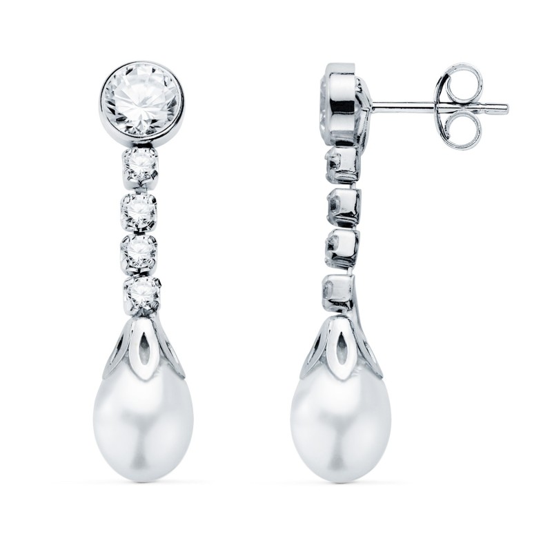 Pendientes Oro Blanco Perla Y Chaton Con Circonita 27 X 6.5Mm. Cierre Presion oro 18k