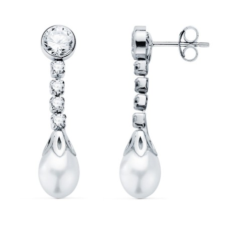 Pendientes Oro Blanco Perla Y Chaton Con Circonita 27 X 6.5Mm. Cierre Presion oro 18k
