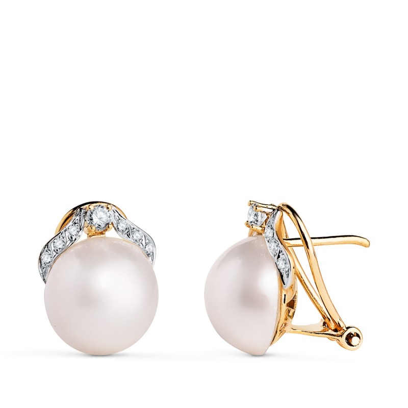 Pendientes Oro Bicolor Perla Japonesa Con Circonitas. Medida: 14X11 Mm. Cierre Omega oro 18k