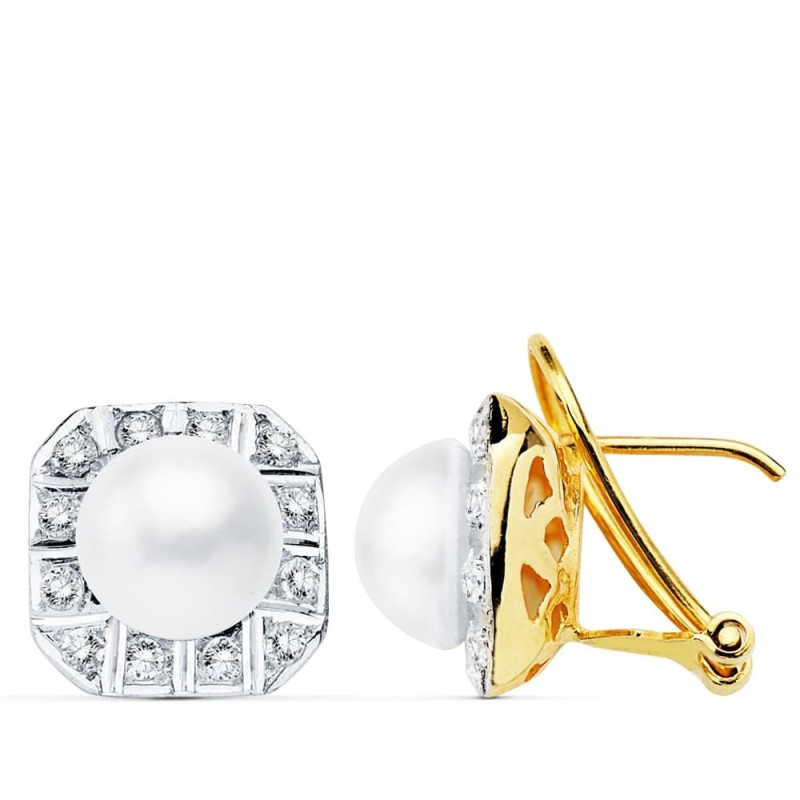 Pendientes Bicolor Perla Japonesas 8 Mm Cierre Omega oro 18k