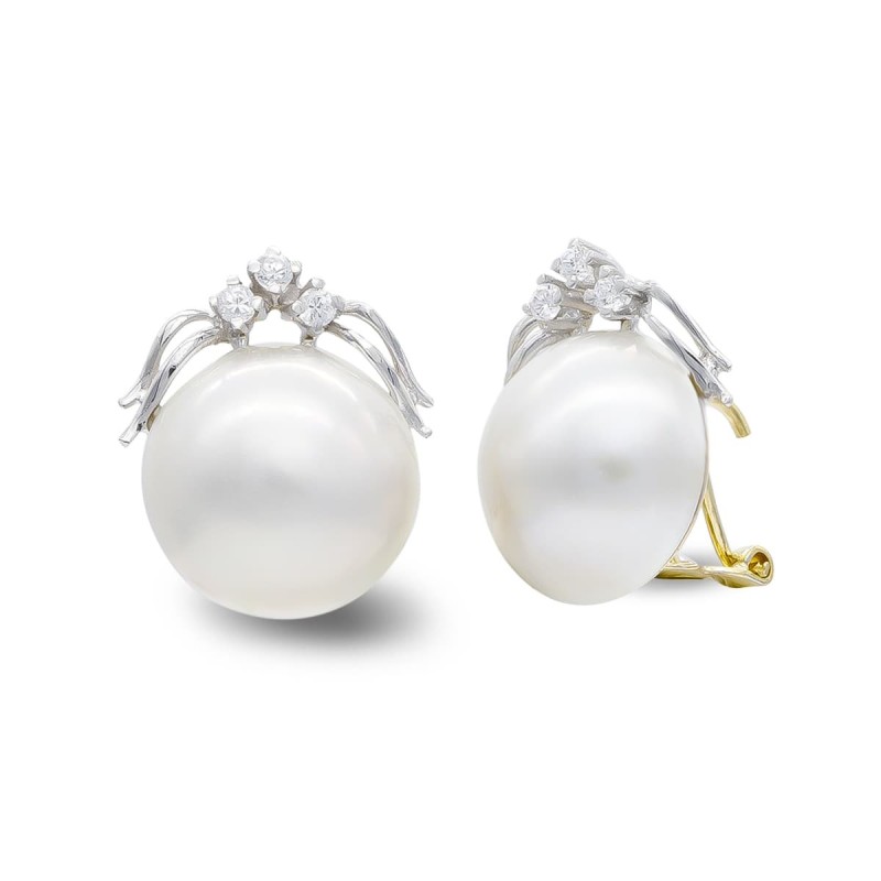 Pendientes Oro Bicolor Perla Japonesa 14-16 Mm Y Circonita Cierre Omega oro 18k