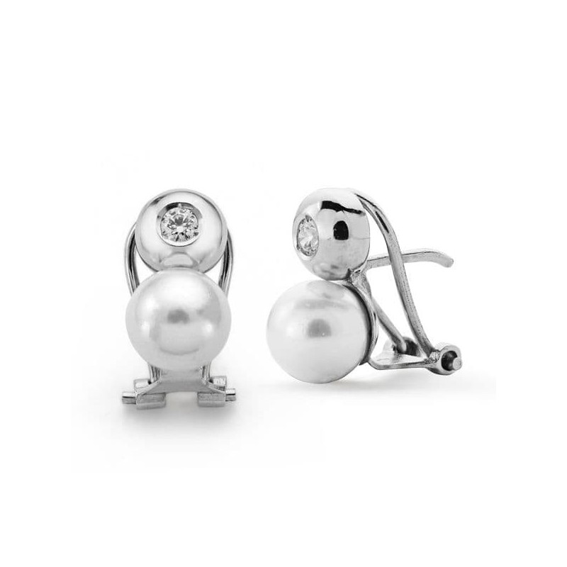 Pendientes Oro Blanco Perla Cultivada Y Circonita 13X7 Mm Cierre Omega oro 18k