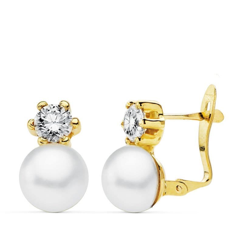 Pendientes Perla Oro Amarillo 7 Mm Y Garra Circonita 4 Mm Cierre Catalan oro 18k