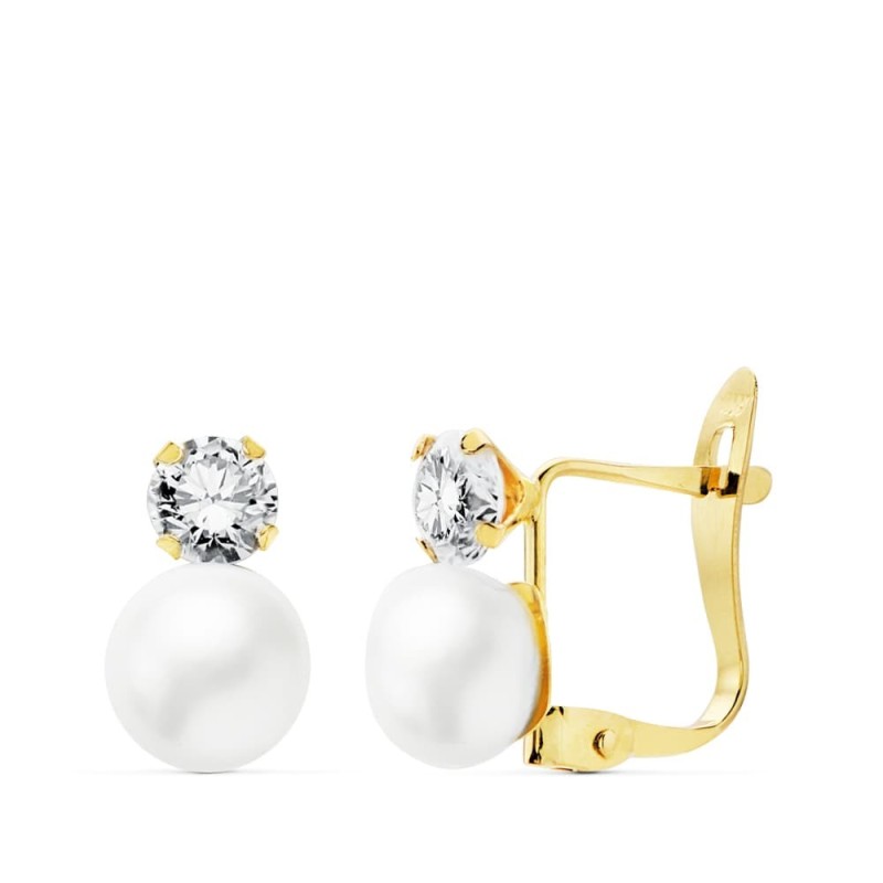 Pendientes Circonita Oro Bicolor 4 Mm Perla 6 Mm Cierre Catalan oro 18k