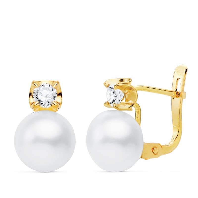Pendientes Oro Amarillo Garras Circonita Perla 7.5 Mm 11X7.5 Mm Cierre Catalan oro 18k