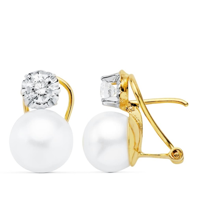 Pendientes Bicolor Perla Boton 9.5 Mm Cierre Omega oro 18k
