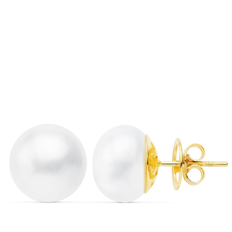 Pendientes Oro Amarillo Perla Cultivadas 12-13 Mm Cierre Presion oro 18k