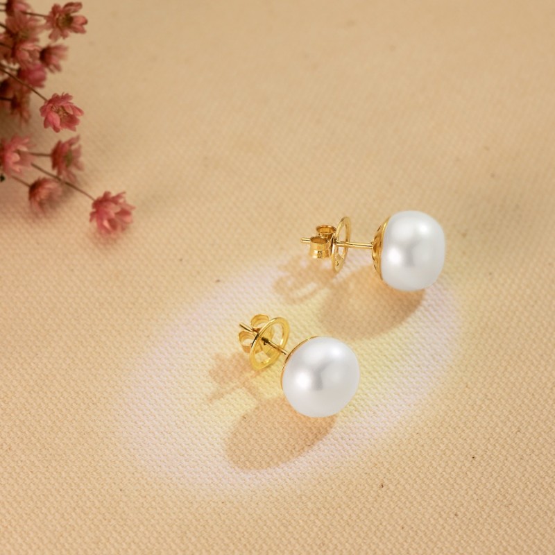 Pendientes Oro Amarillo Perla Cultivadas 12-13 Mm Cierre Presion oro 18k