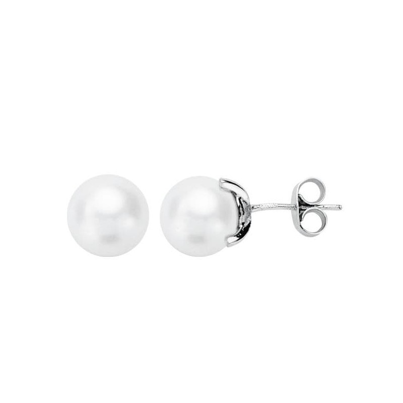 Pendientes Oro Blanco Perla Cultivada 7.5-8 Mm Cierre Presion oro 18k