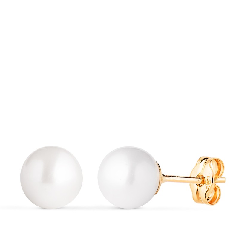 Pendientes Oro Amarillo Perla Cultivada 7 - 7,5 Mm Con Casquilla Cierre Presion oro 18k
