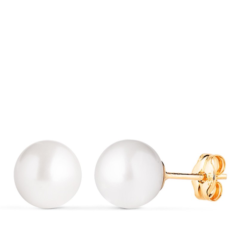 Pendientes Oro Amarillo Perla Cultivada 8 - 8,5 Mm Con Casquilla Cierre Presion oro 18k