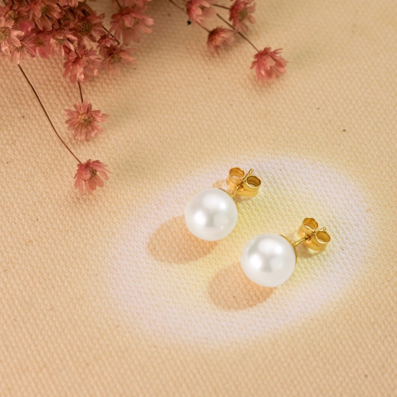 Pendientes Oro Amarillo Perla Cultivadas 9-9.5 Mm Cierre Presion oro 18k