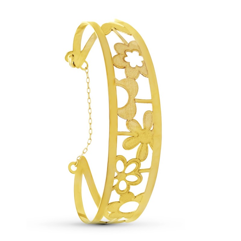 Pulsera Oro Amarillo Rigida Flores Laser oro 18k