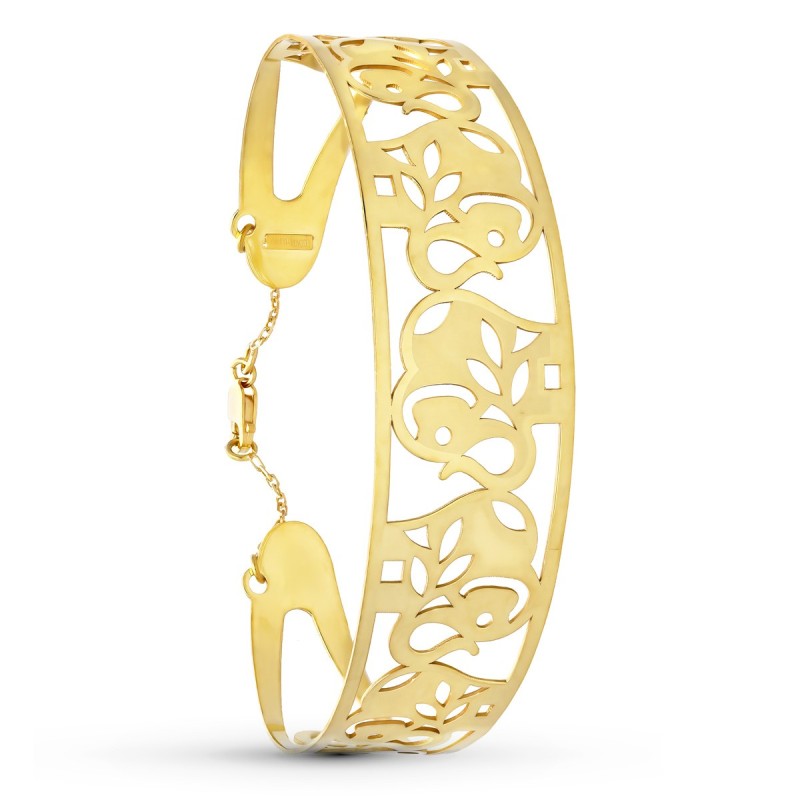 Pulsera Rigida Oro Amarillo Elefantes 20 Mm Medida Interior 65X50 Mm Ancho Total 20 Mm Cierre Mosqueton Con Cadena oro 18k