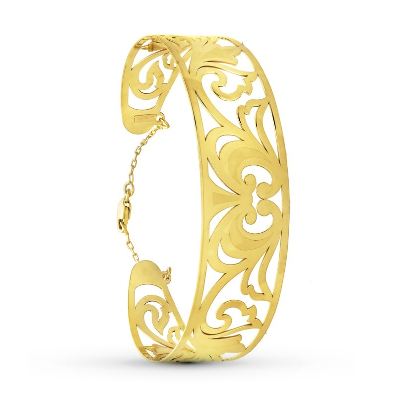 Pulsera Rigida Oro Amarilo Calada Mate Brillo Medida Interior 65X50 Mm Ancho Total 20 Mm Cierre Mosqueton Con Cadena oro 18k