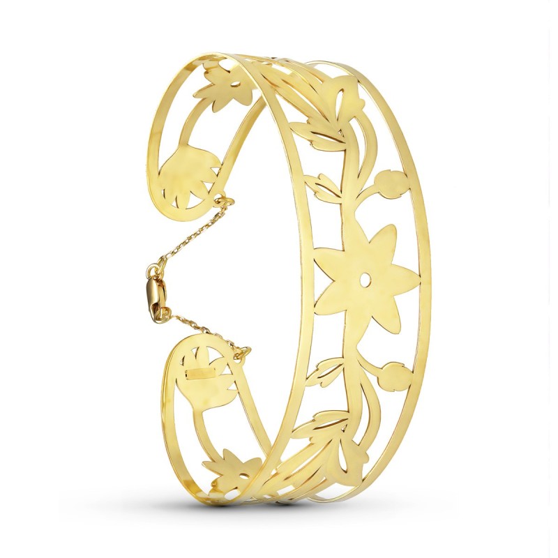 Pulsera Rigida Oro Amarillo Flores Medida Interior 62X55 Mm Ancho Total 22 Mm Cierre Mosqueton Con Cadena oro 18k