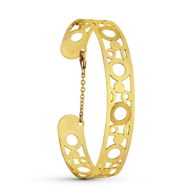 Pulsera Oro Amarillo Rigida Circulos Laser Medida Interior 65X50 Mm Ancho Total 12 Mm Cierre Mosqueton Con Cadena oro 18k