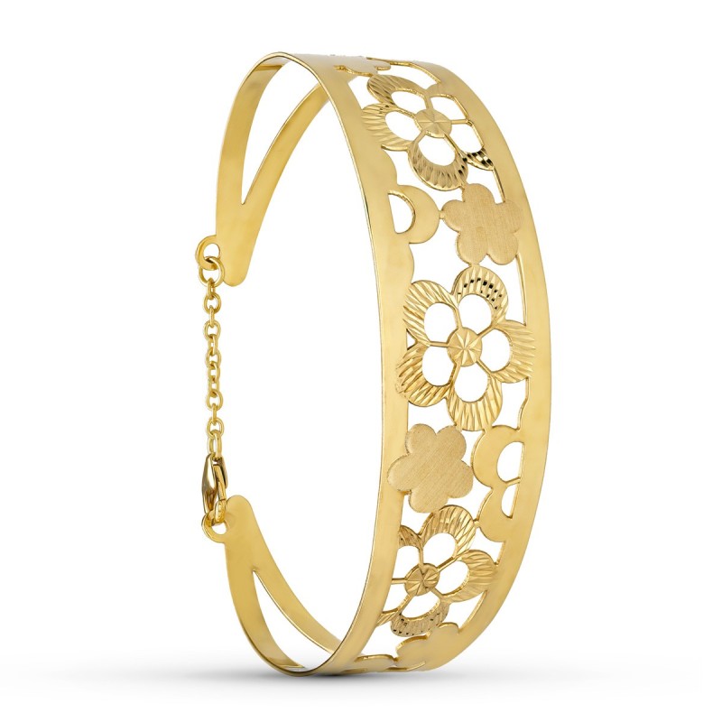 Pulsera Rigida Oro Amarillo Flores Medida Interior 65X55 Mm Ancho Total 20 Mm Cierre Mosqueton Con Cadena oro 18k
