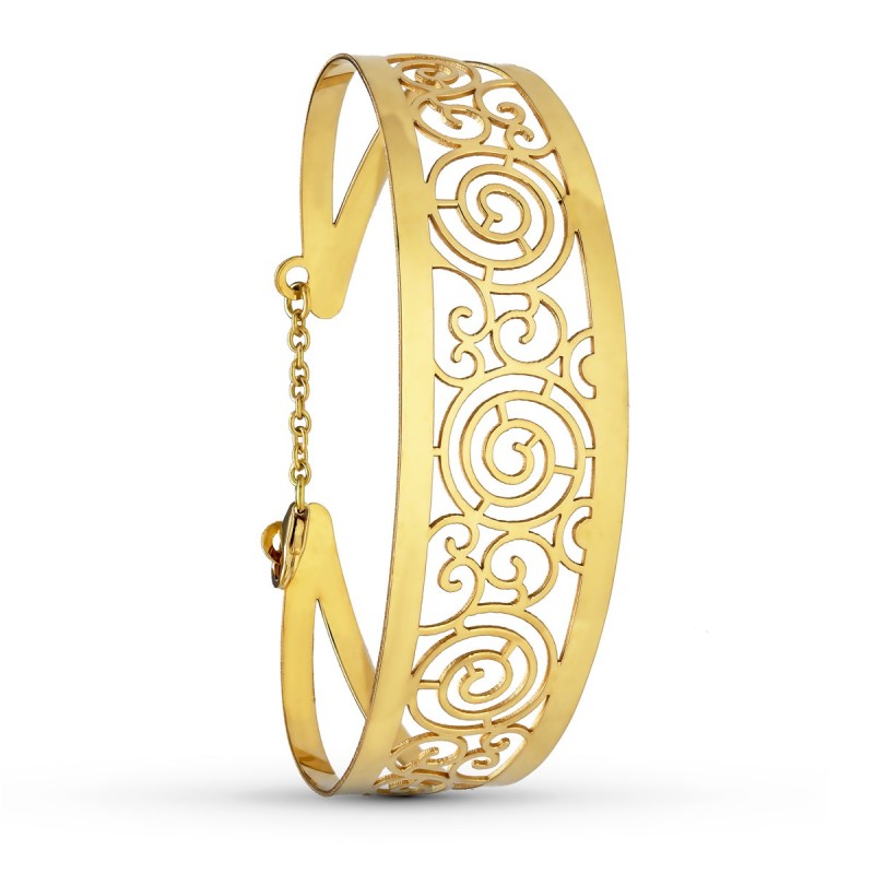 Pulsera Rigida Oro Amarillo Calada Motivos Medida Interior 62X55 Mm Ancho Total 20 Mm Cierre Mosqueton Con Cadena oro 18k