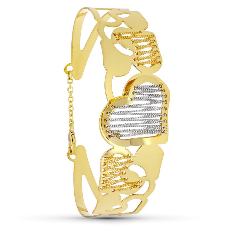 Pulsera Oro Bicolor Rigida Corazon Y Cadenas oro 18k