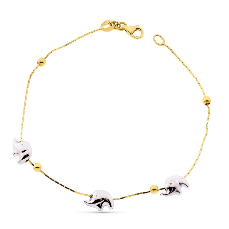 Pulsera Oro Bicolor Elefantesy Bolas Lisas 19Cm oro 18k