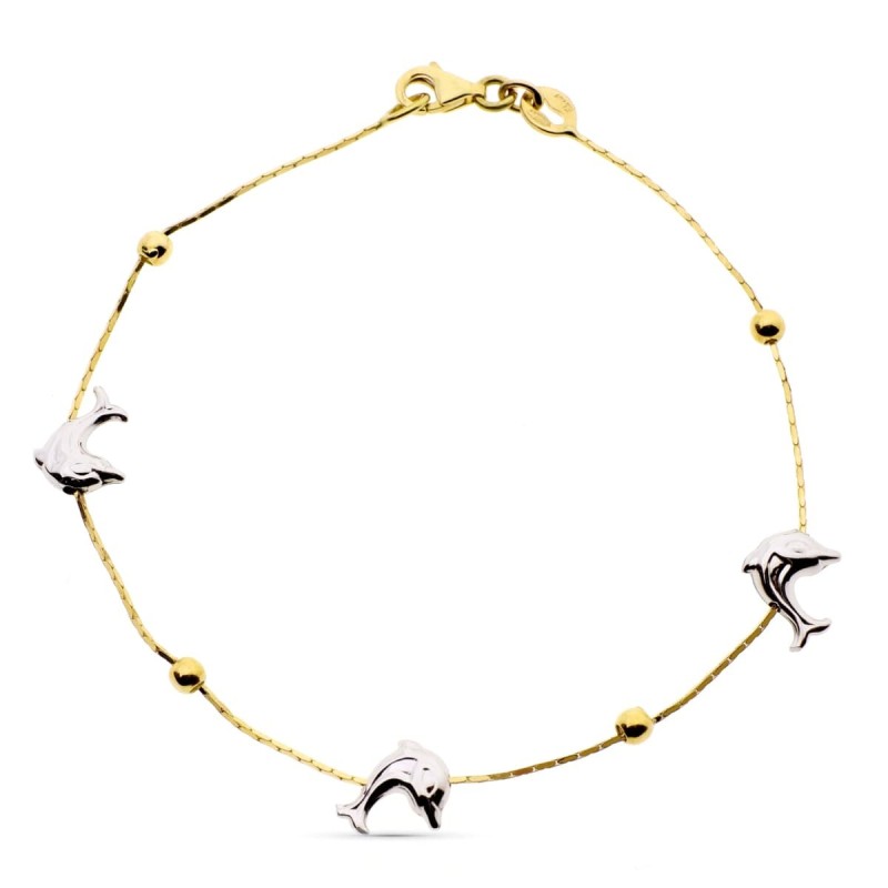 Pulsera Oro Bicolor Delfines Y Bolas Lisas 19Cm oro 18k