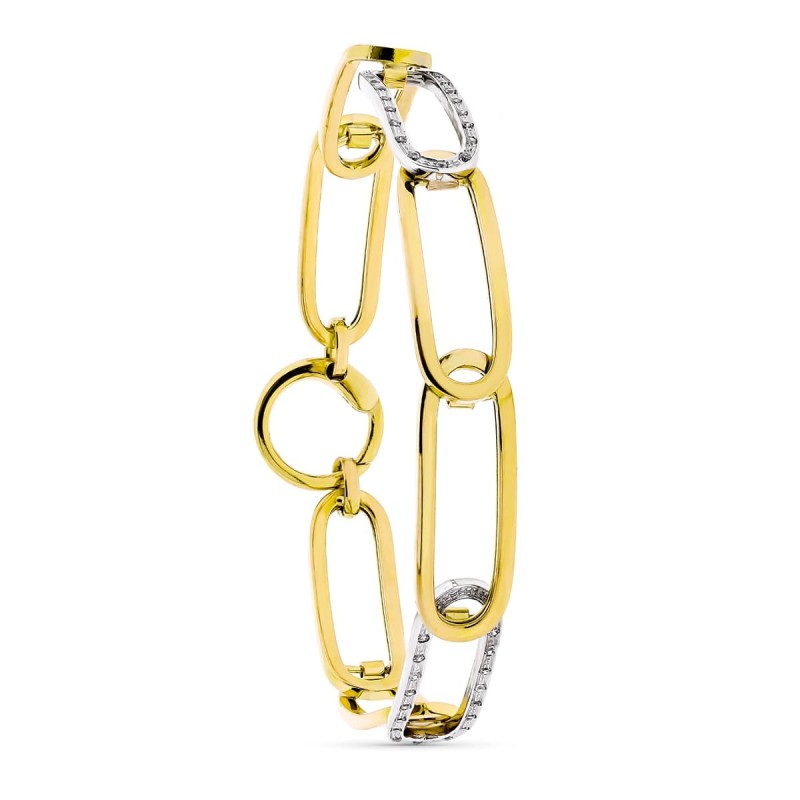 Pulsera Eslabones Calados Bicolor Circonita Ancho 9 Mm Largo 20Cm oro 18k