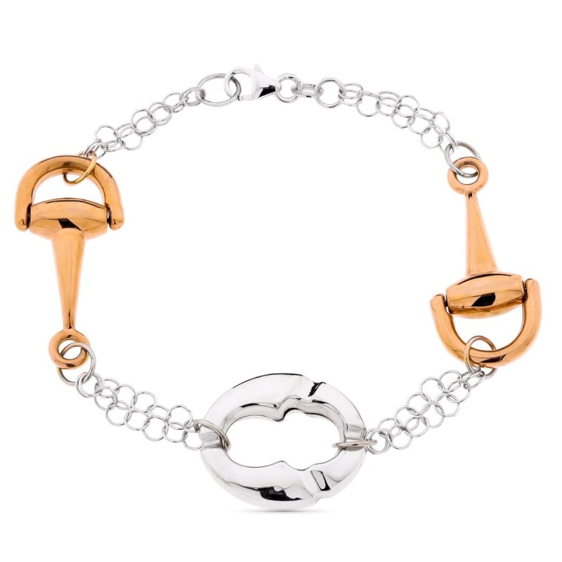 Pulsera Bicolor Oro Blanco Y Rosa Estribos. Ancho 18 Mm Largo 19.5 Cm oro 18k
