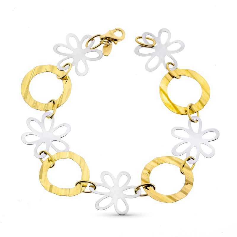 Pulsera Bicolor Flores 18.5Cm oro 18k