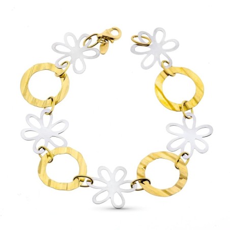 Pulsera Bicolor Flores 18.5Cm oro 18k