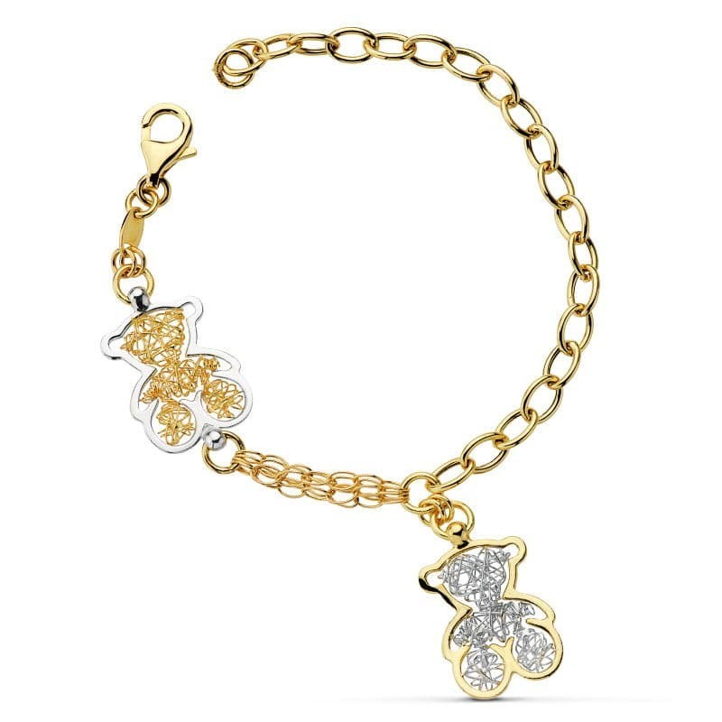 Pulsera Bicolor Osos Y Eslabones 19Cm oro 18k