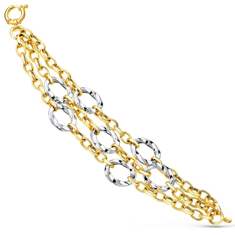 Pulsera Oro Bicolor Triple Cadena Hueca Motivos Redondos 20Cm oro 18k