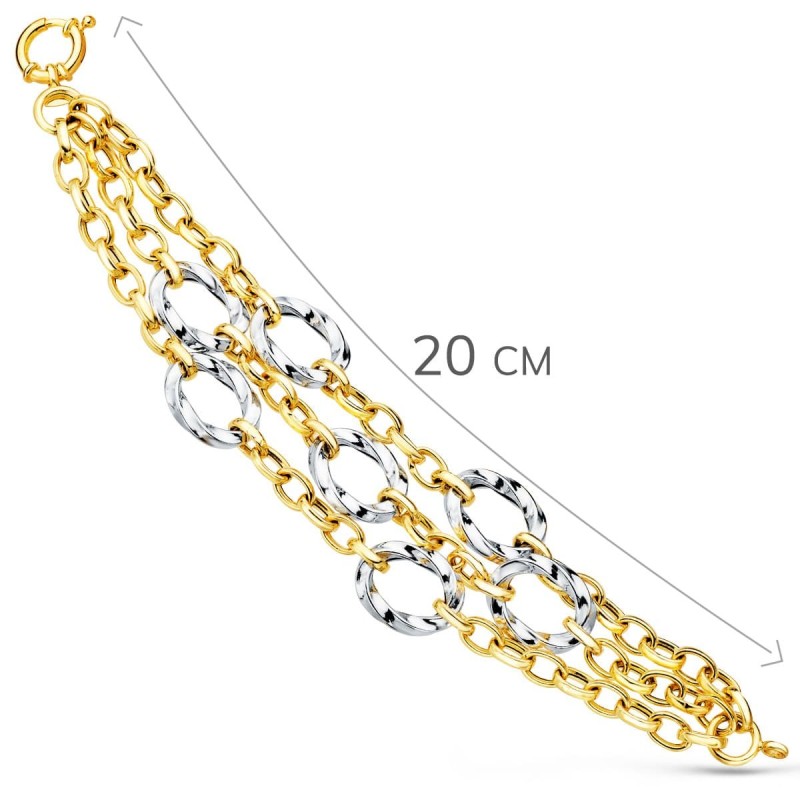 Pulsera Oro Bicolor Triple Cadena Hueca Motivos Redondos 20Cm oro 18k