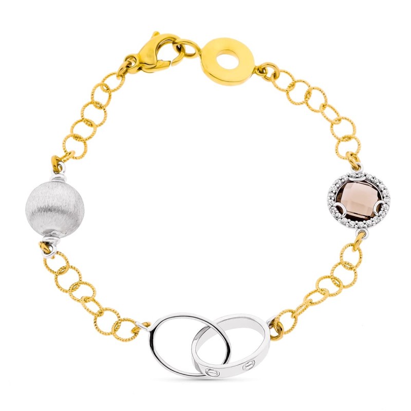 Pulsera Oro Bicolor Eslabones Piedra Fume. Ancho 10 Mm Largo 19Cm oro 18k