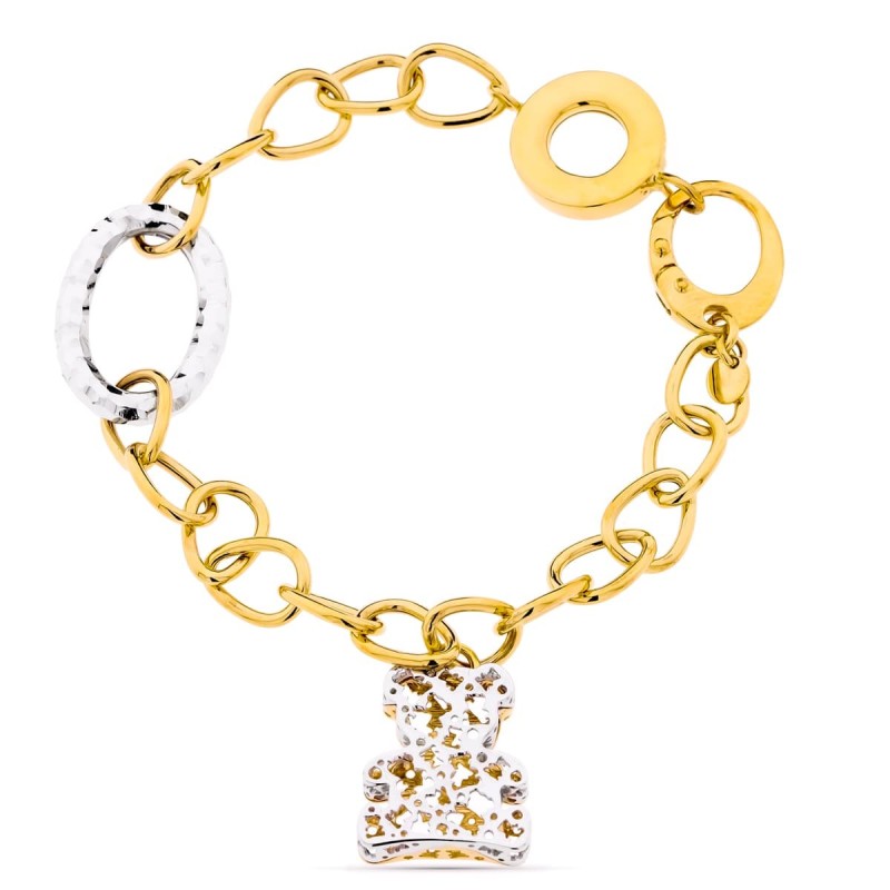 Pulsera Bicolor Eslabones Y Oso oro 18k