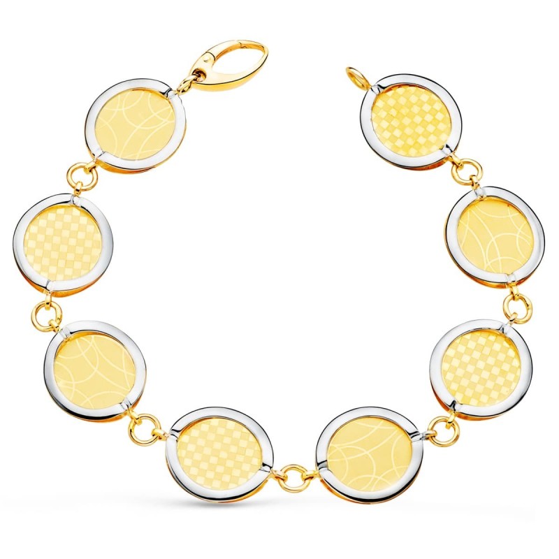 Pulsera Oro Bicolor Eslabones Redondos Diseños Matizados. 20.5 Cm oro 18k
