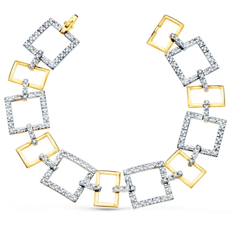 Pulsera Oro Bicolor Eslabones Cuadrados Y Motivos Con Circonita 20Cm oro 18k