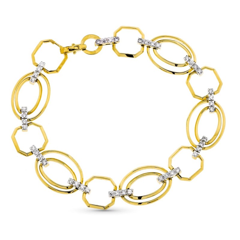 Pulsera Oro Bicolor Eslabones Y Circonita Ancho 12 Mm Largo 19.5 Cm oro 18k