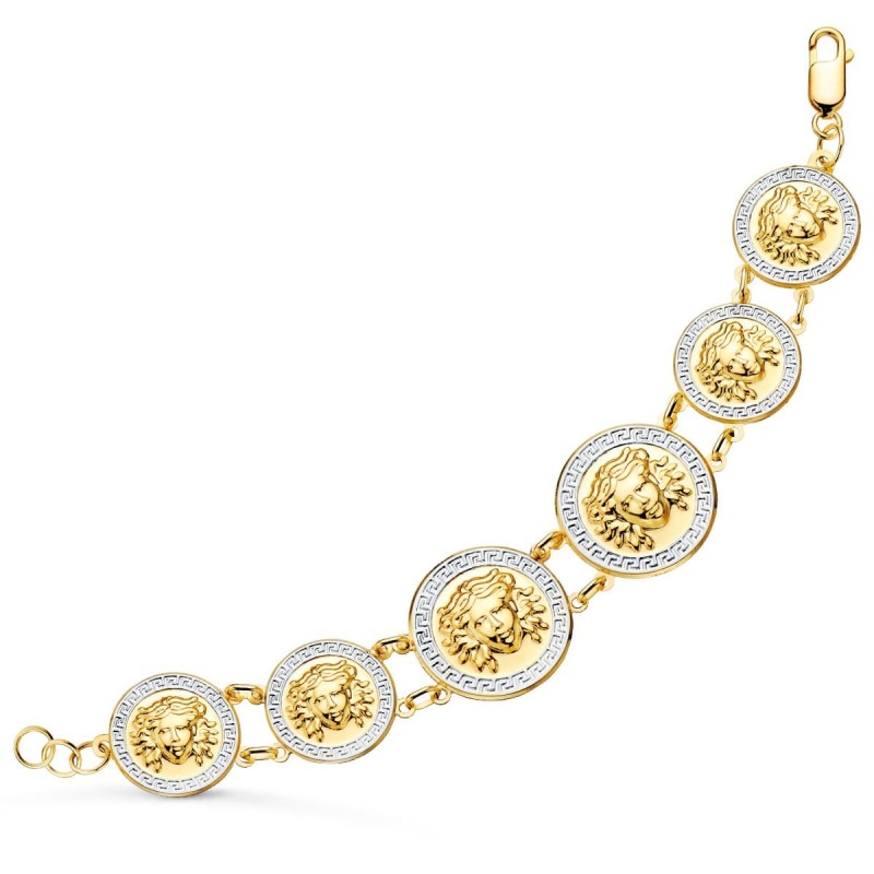 Pulsera Oro Bicolor Con Medusas De 25 Y 20 Mm En Brillo Largo 20.5 Cm oro 18k