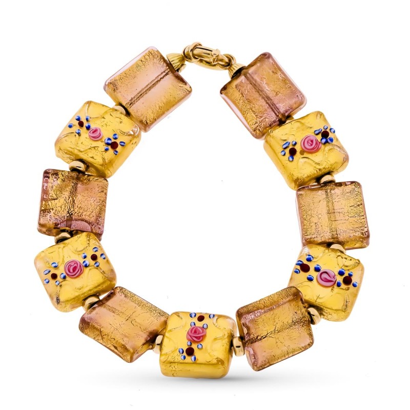 Pulsera Oro Amarillo Y Murano Flores Porcelana 19Cm oro 18k