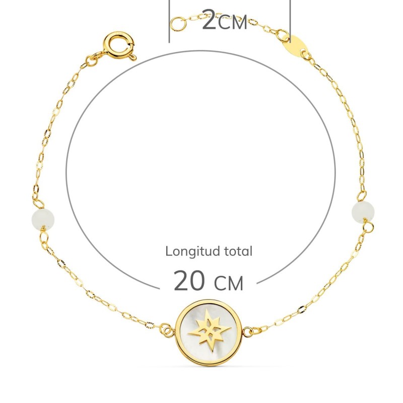 Pulsera Nacar Y Rosa De Los Vientos 12 Mm Y Bolas Jade 4 Mm Cadena 15 2 Cm oro 18k