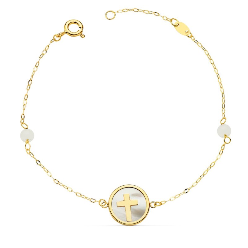 Pulsera Oro Amarillo Nacar Con Cruz 12 Mm Y Bolas Jade 4 Mm Cadena 18 2.5 Cm oro 18k