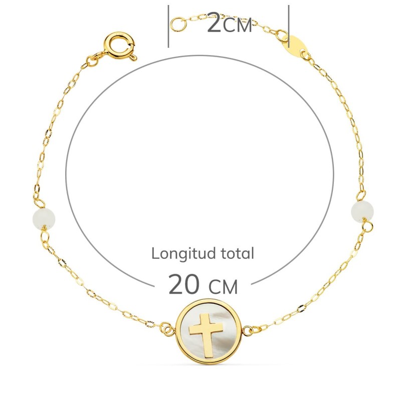 Pulsera Oro Amarillo Nacar Con Cruz 12 Mm Y Bolas Jade 4 Mm Cadena 18 2.5 Cm oro 18k