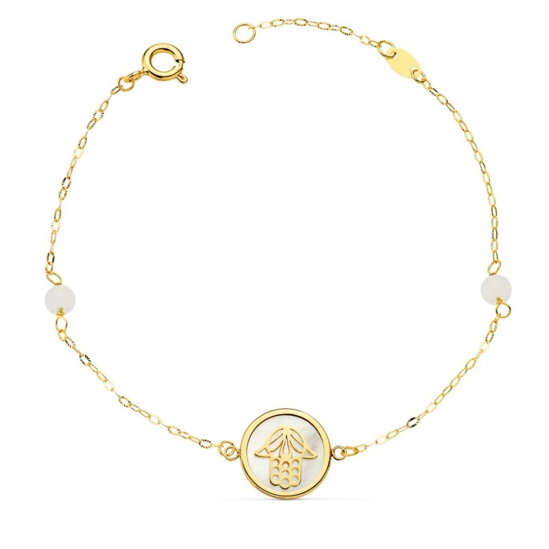 Pulsera Oro Amarillo Nacar Con Mano De Fatima 12 Mm Y Bolas Jade 4 Mm Cadena 18 2.5 Cm oro 18k