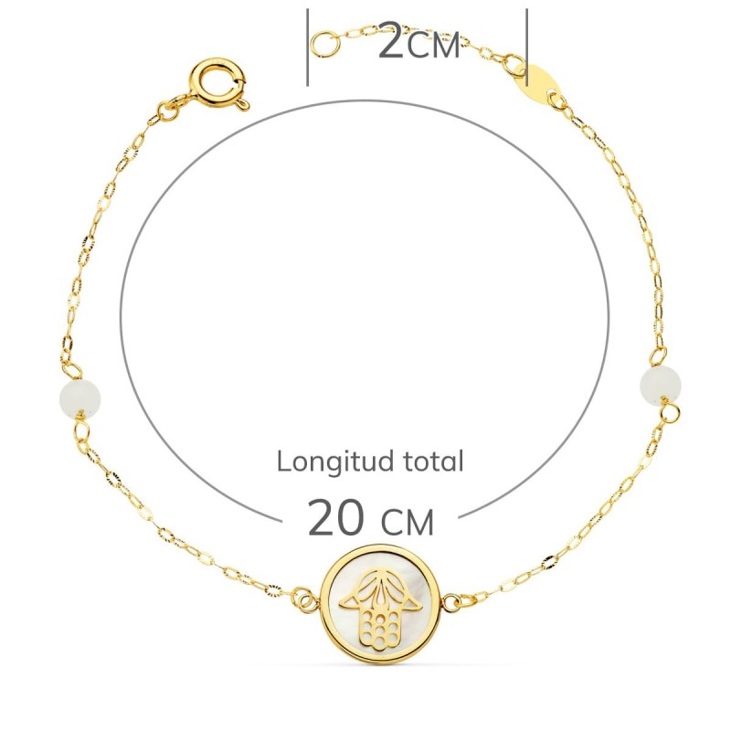 Pulsera Oro Amarillo Nacar Con Mano De Fatima 12 Mm Y Bolas Jade 4 Mm Cadena 18 2.5 Cm oro 18k