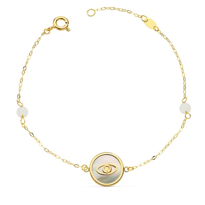 Pulsera Oro Amarillo Nacar Con Ojo Turco 12 Mm Y Bolas Jade 4 Mm Cadena 18 2.5 Cm oro 18k