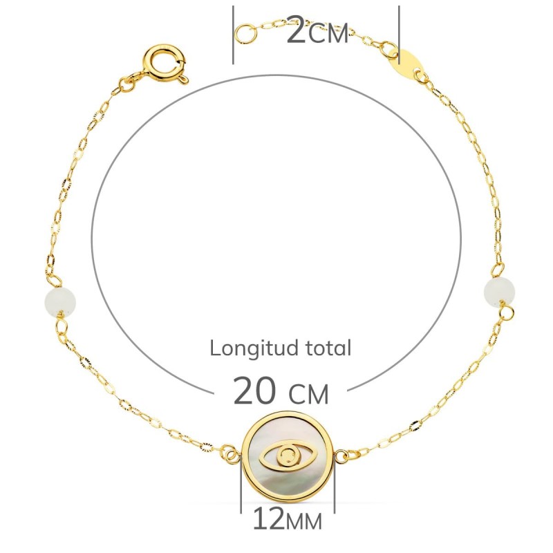 Pulsera Oro Amarillo Nacar Con Ojo Turco 12 Mm Y Bolas Jade 4 Mm Cadena 18 2.5 Cm oro 18k